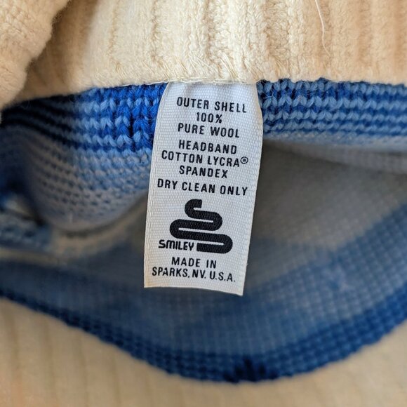 Vintage Smiley Retro Blue Stripe Pom Pom Wool Ski Hat Sparks Nevada Made in USA - Picture 7 of 8